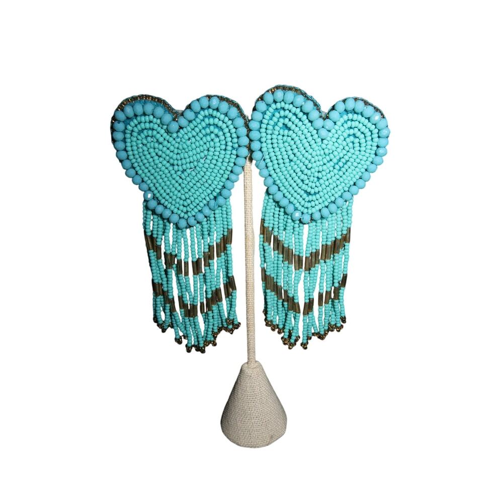 Turquoise Beaded Heart Fringe Tassel Statement Earrings Gold Handmade OS